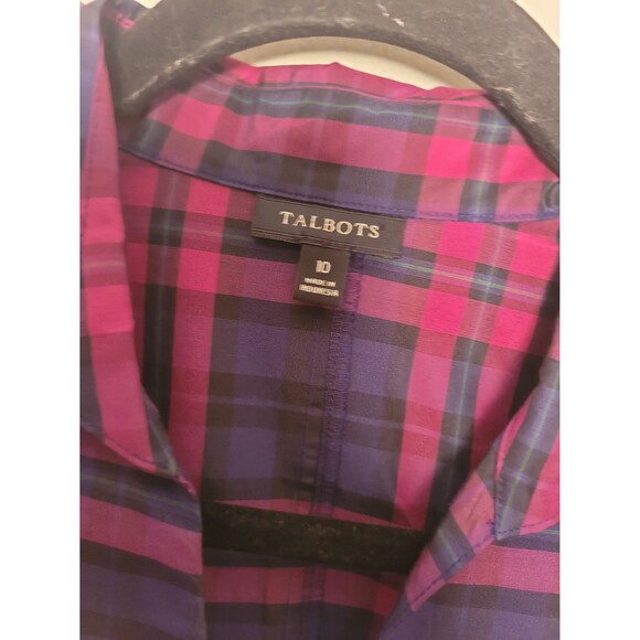 Talbots Silk Navy Pink Plaid Blouse Sz 10 Office Career Business Casual Preppy - Picture 5 of 9